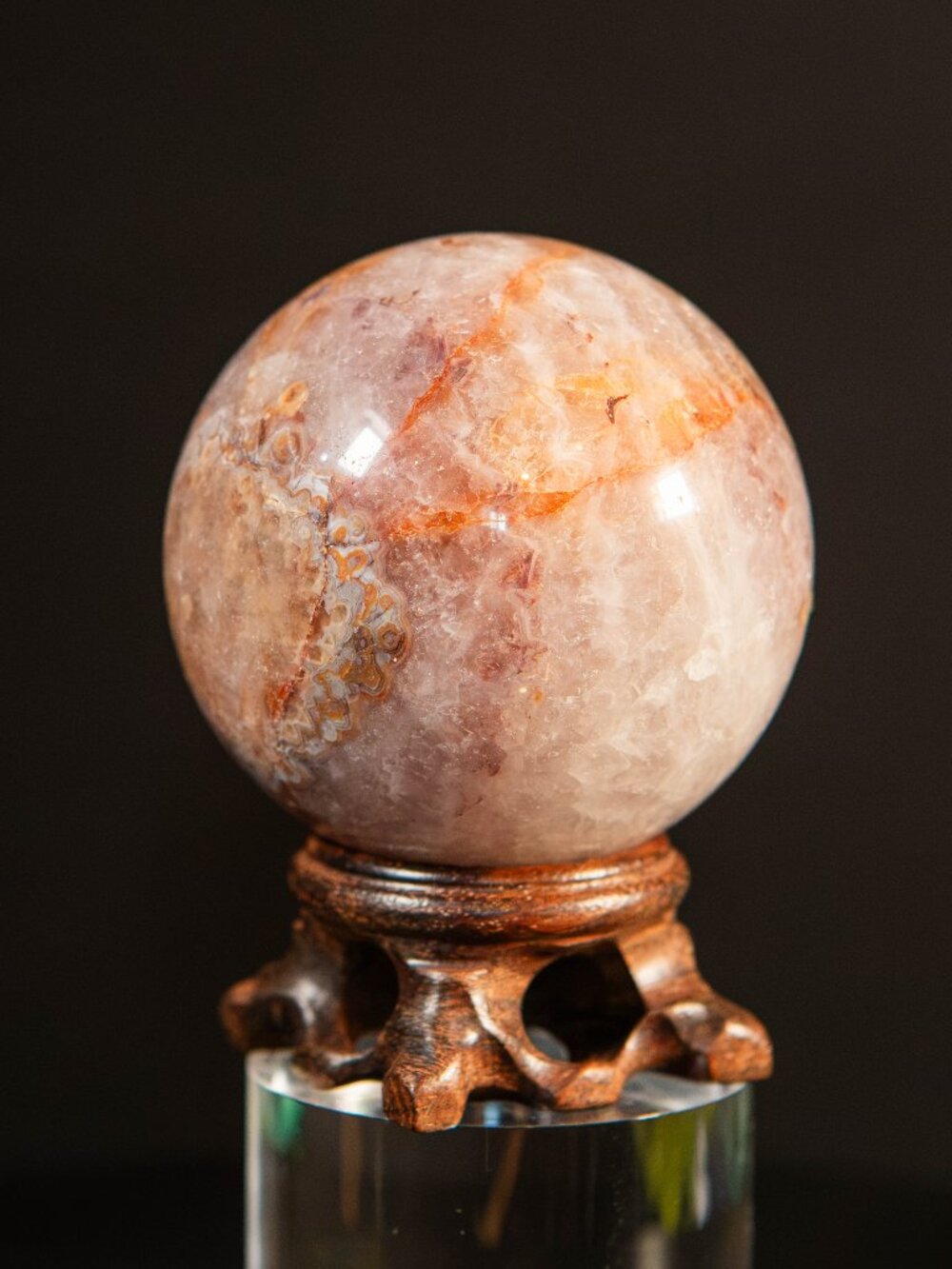 Rare 2” Crazy Lace Agate Sphere Crystal w/ Hematoid Quartz & Amethyst Pocket